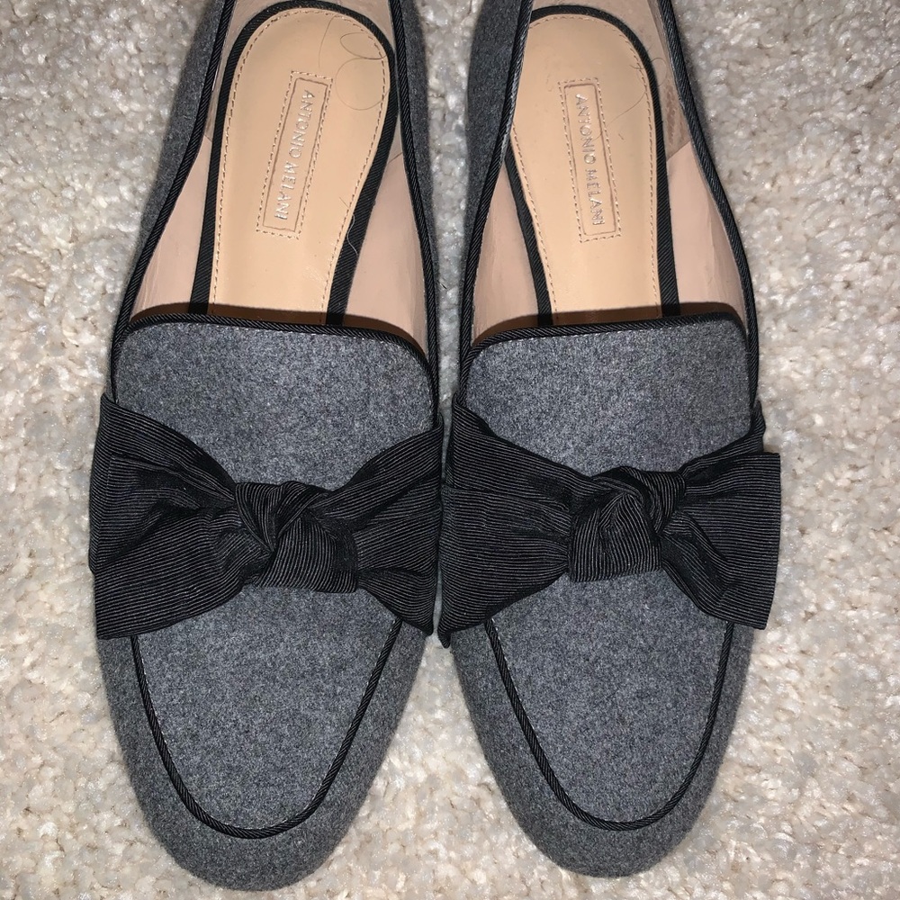 Bow loafers.   By Antonio Melani. Grey and black.